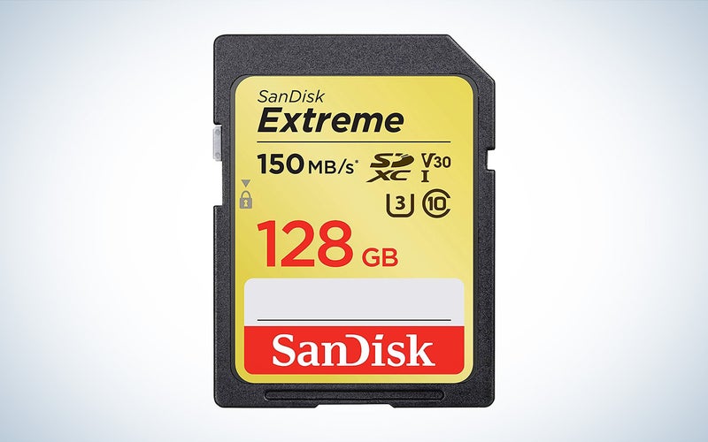 SanDisk Extreme SDXC UHS-I memory card for cameras against a white background