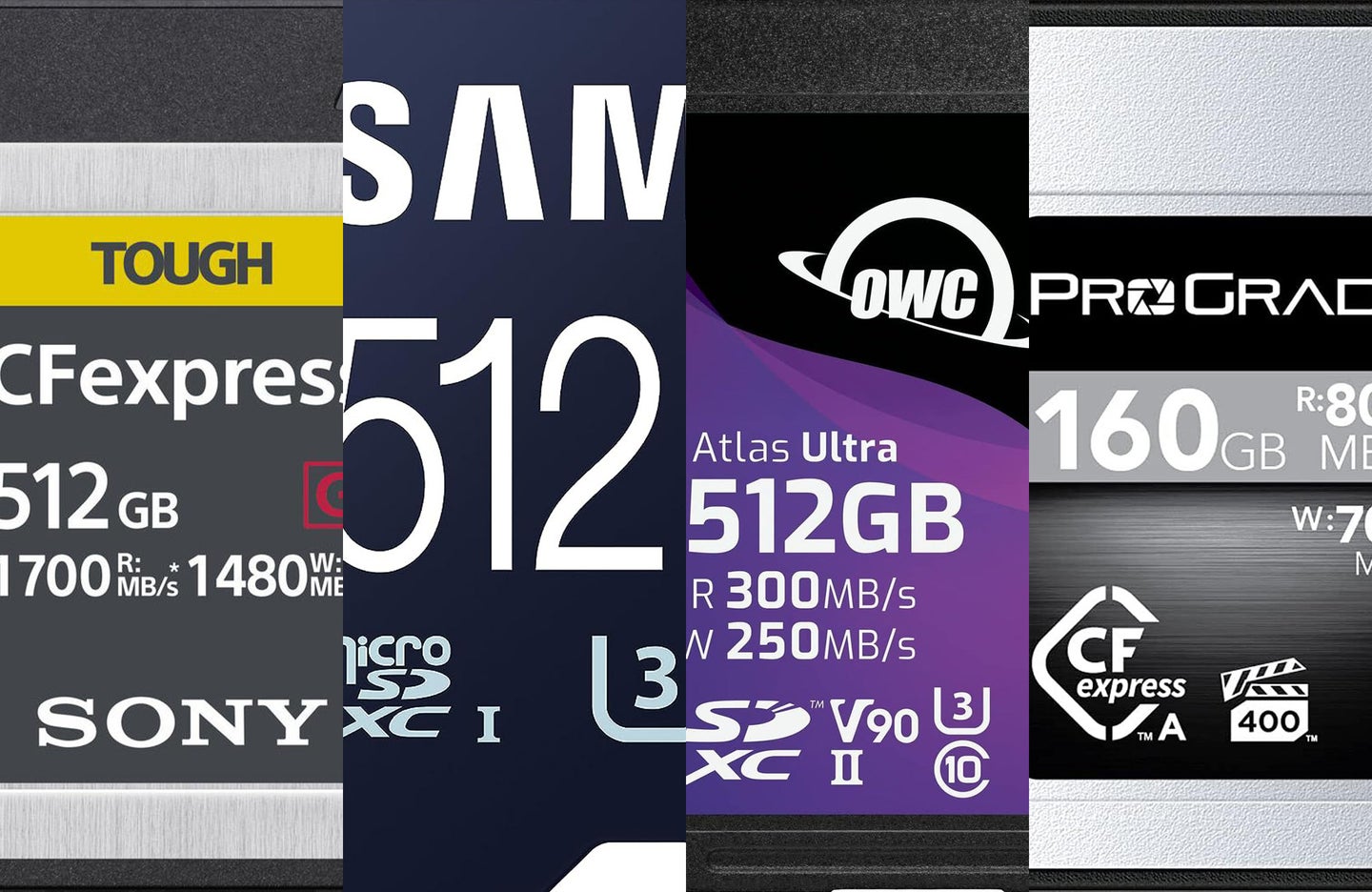 four of the best memory cards for cameras sliced together