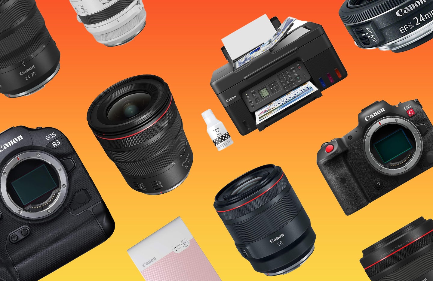 Canon lenses, cameras, and printers against a background fading from orange to red.