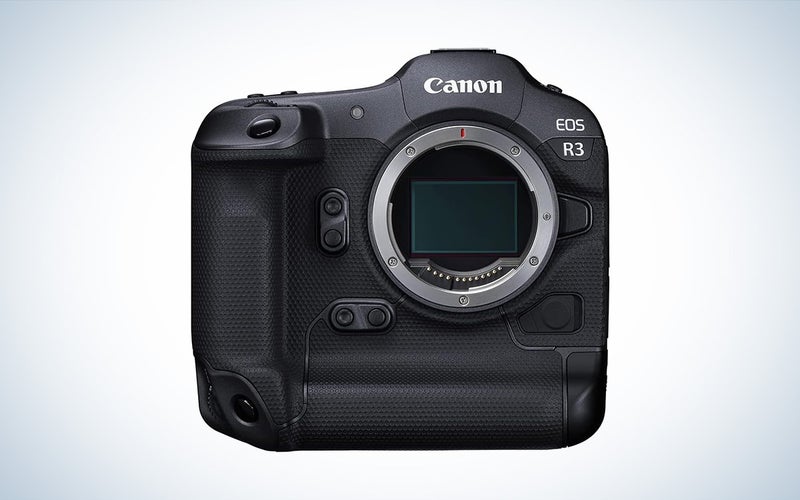 The Canon EOS R3 full-frame mirrorless camera against a white background with a gray gradient.