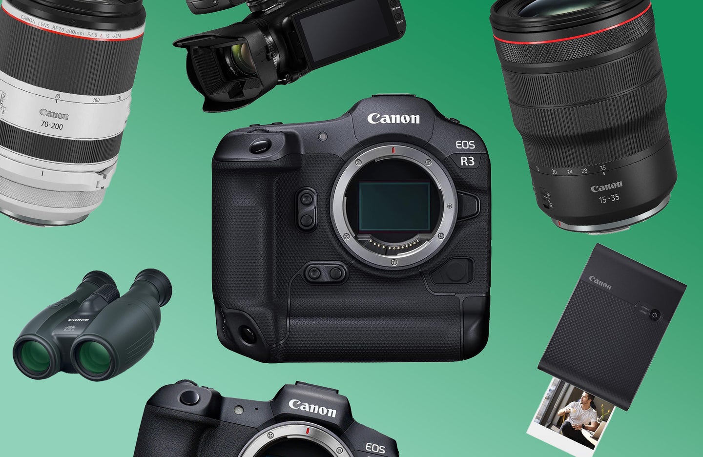 Canon cameras, lenses, binocular, and printer randomly scattered against a background that fades from light green to dark green