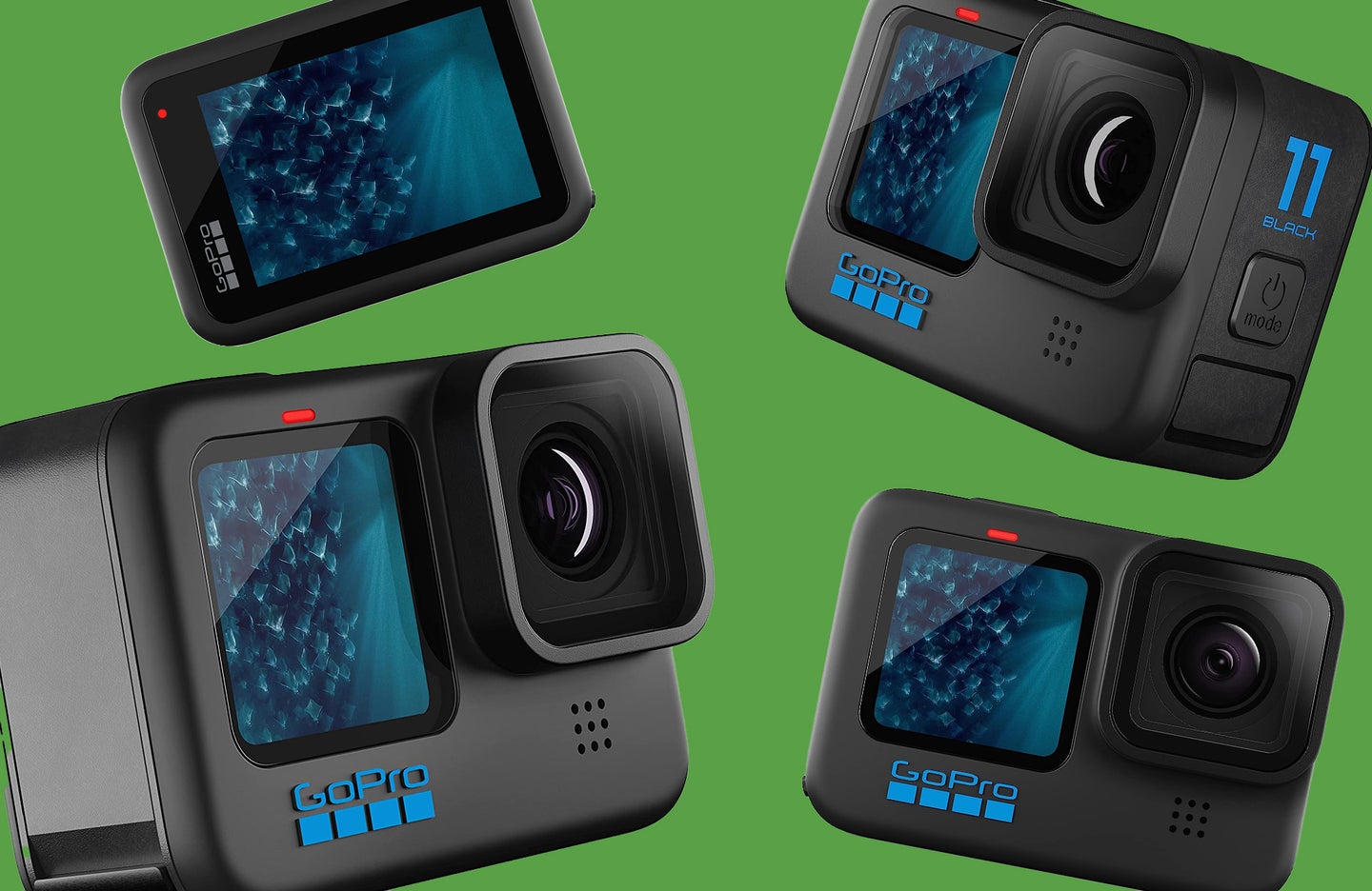 Four different angles of the GoPro Hero 11 against a green background