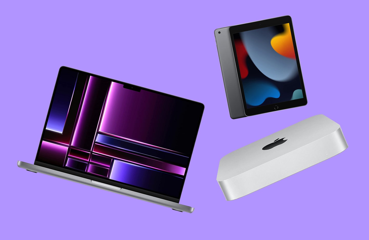 Mac mini, iPad, and Macbook Pro on a purple background