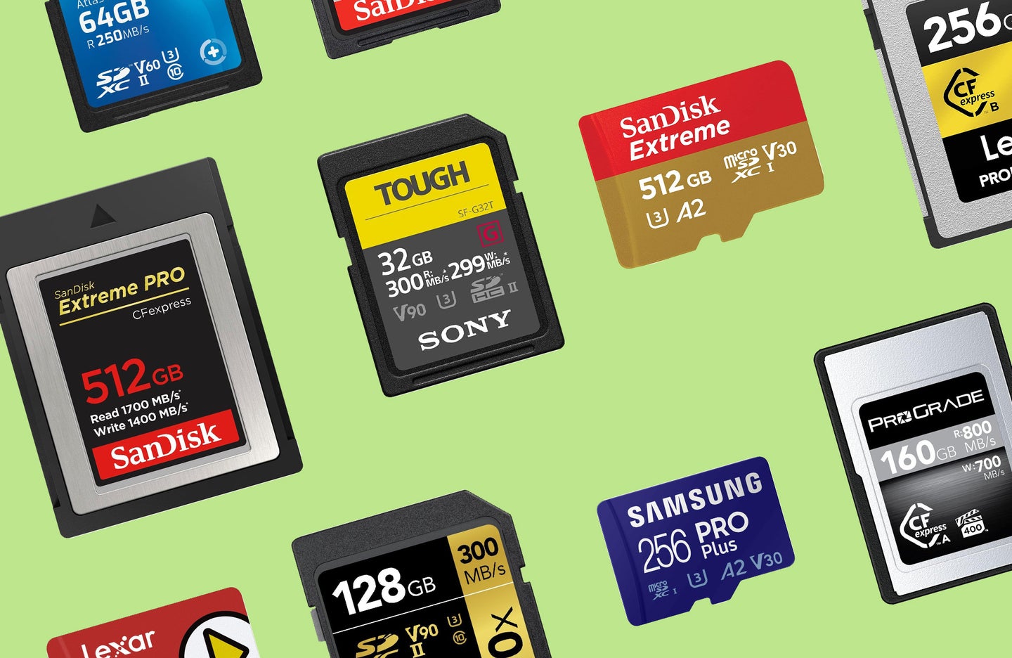 a selection of memory cards placed on a diagonal against a green background