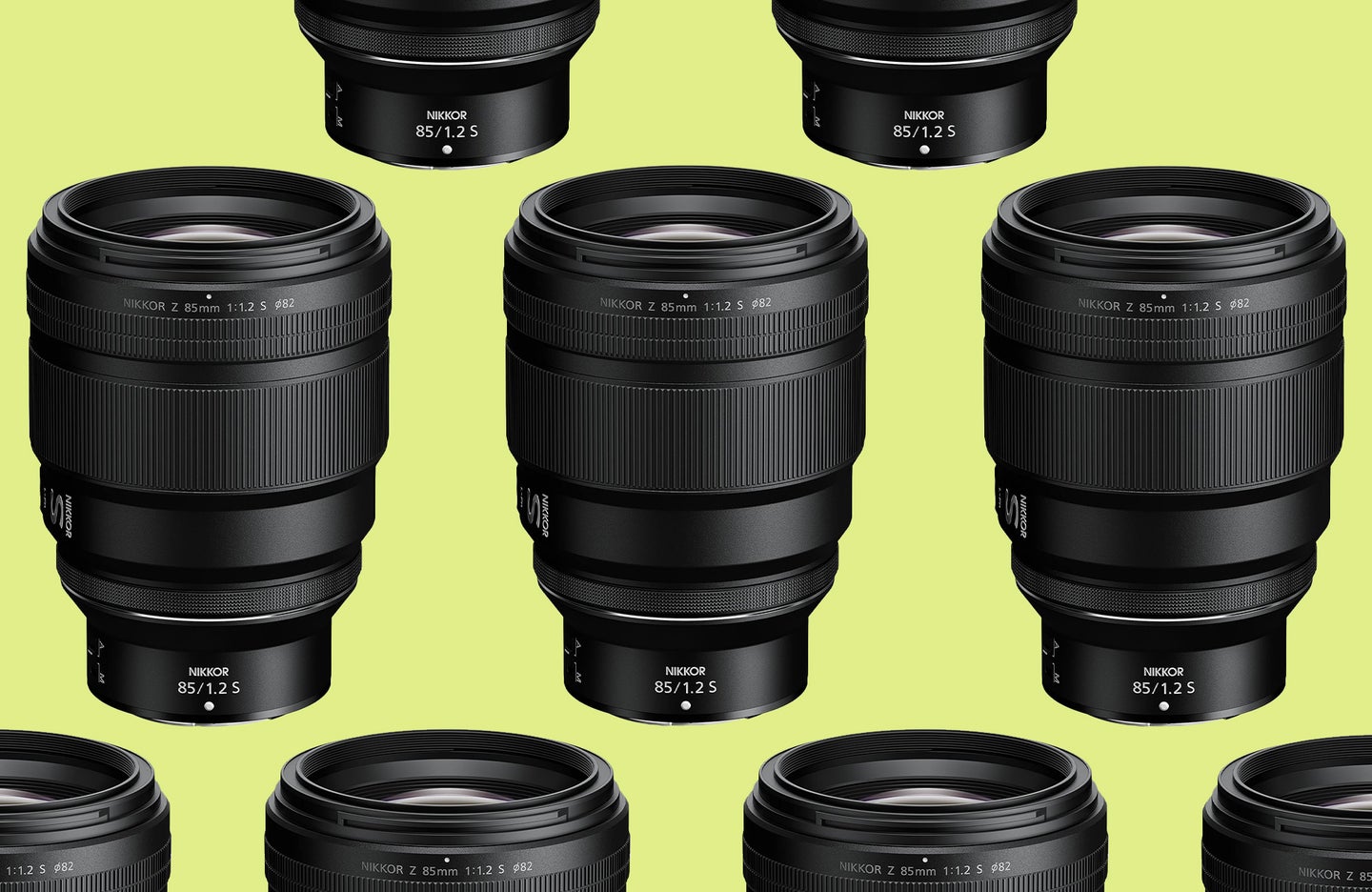 The Nikon 85mm f/1.2 S repeated 9 times against a light green background