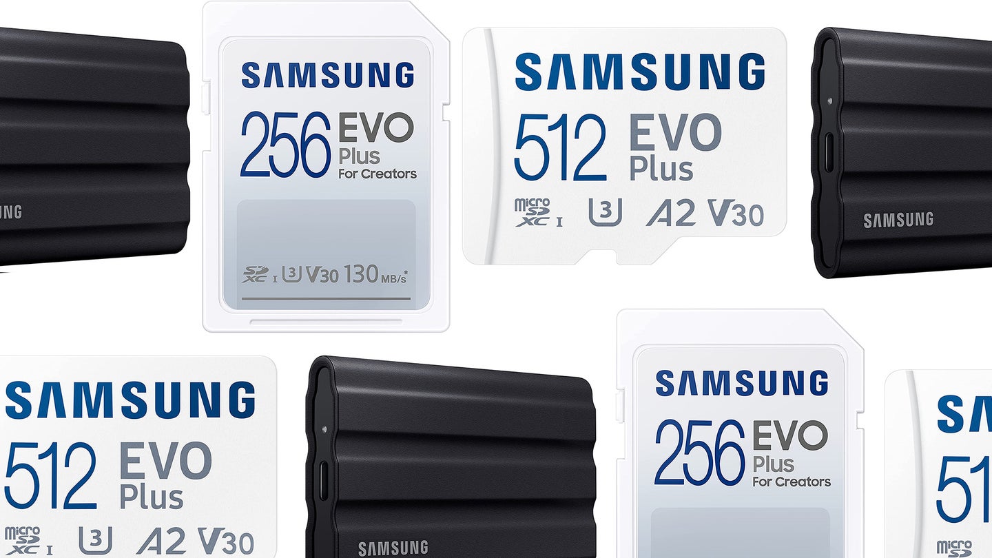 Samsung SSDs and memory cards arranged in a pattern on a white background