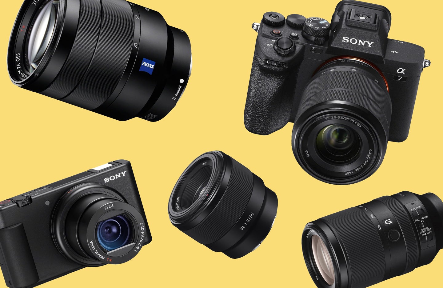 A selection of Sony cameras and lenses are scattered on a yellow background.