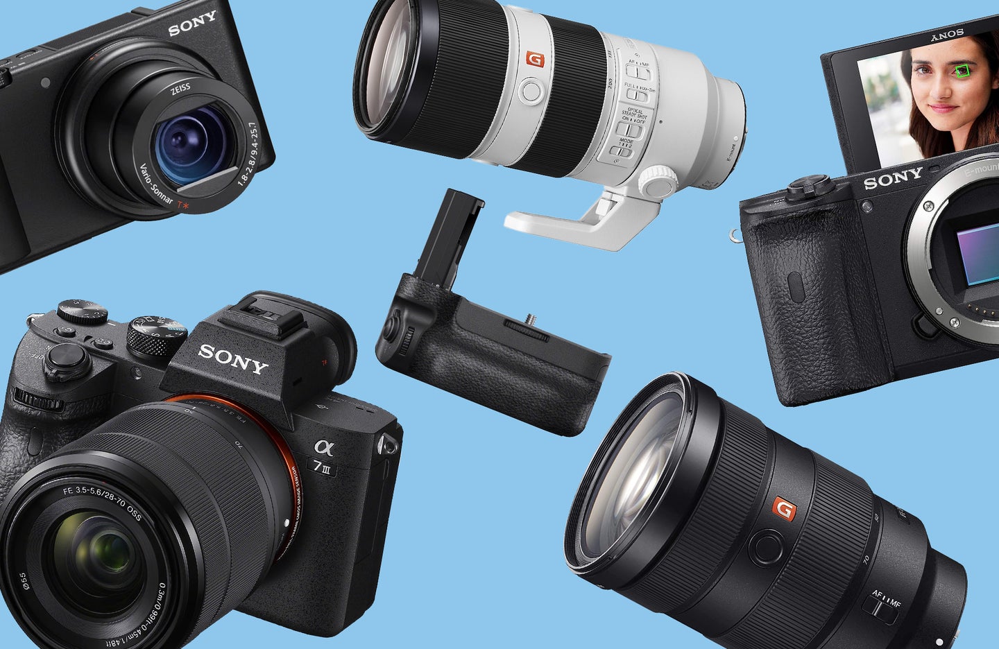 A selection of Sony cameras and lenses against a blue background
