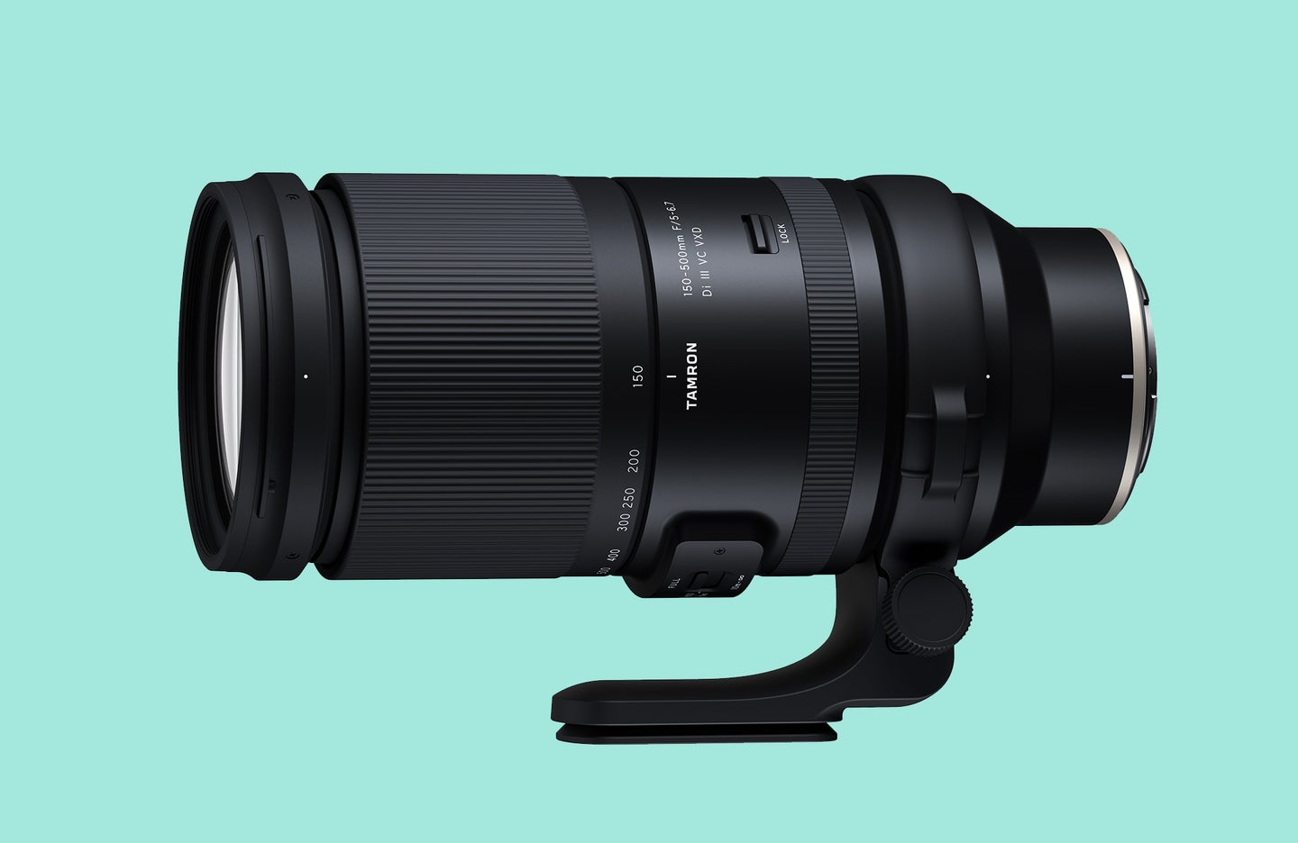 Tamron 150-500mm f/5-6.7 Di III VC VXD Lens for Nikon Z against an aqua background