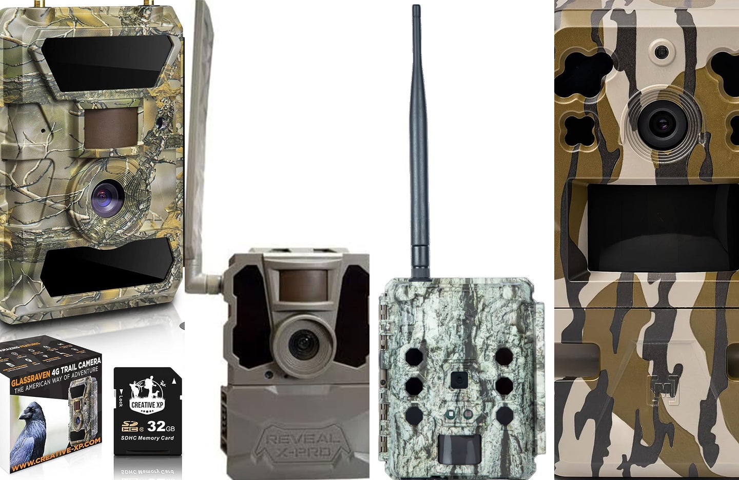 Four cellular trail cameras sliced together against a white background
