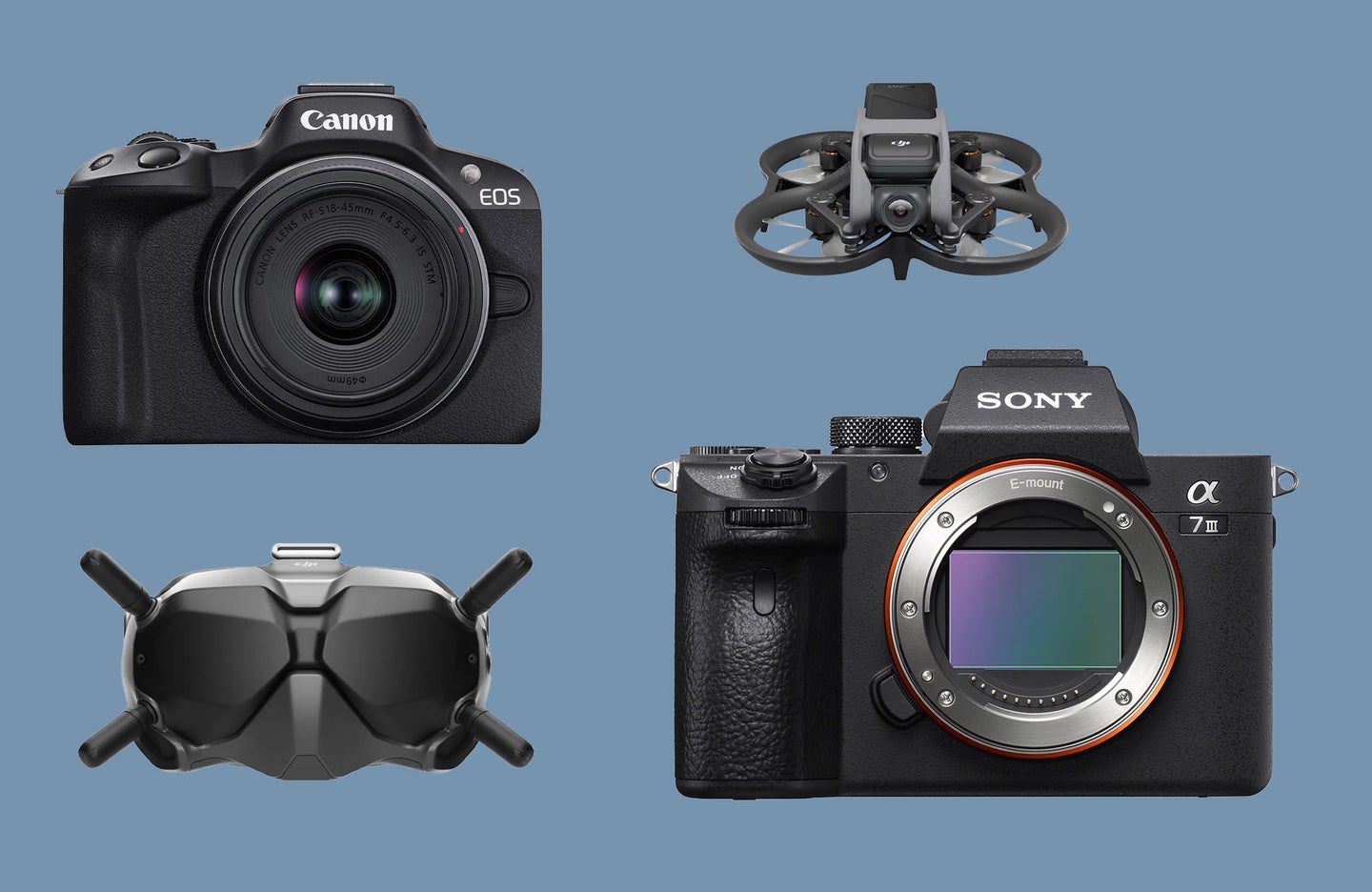 A Canon and Sony camera with DJI drone and FPV headset are placed on a dark blue background.